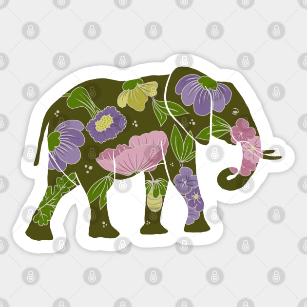 Elephant silhouette with flowers and leaves Sticker by GreenZebraArt